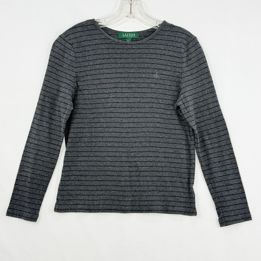 LAUREN RALPH LAUREN Petite Small Womens Long Sleeve Gray Striped Shirt
